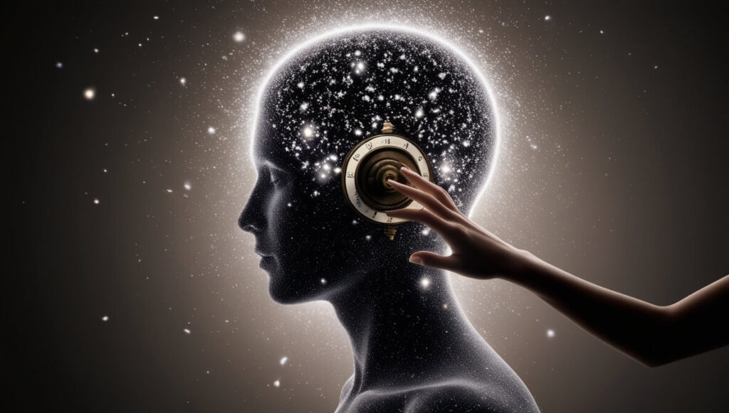 Silhueta de uma cabeça humana feita de estrelas, com uma mão ajustando um dial em sua têmpora, simbolizando o ato de sintonizar e controlar os pensamentos.