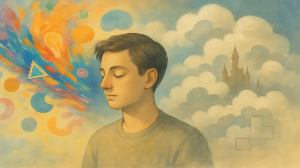 Pessoa meditando com elementos que representam criatividade e devaneio excessivo ao redor, simbolizando a conexão entre os dois conceitos.