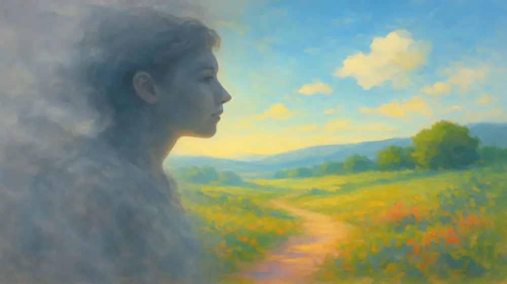 Ilustração em estilo de pintura sobre a história do maladaptive daydreaming, mostrando uma pessoa olhando para o horizonte.