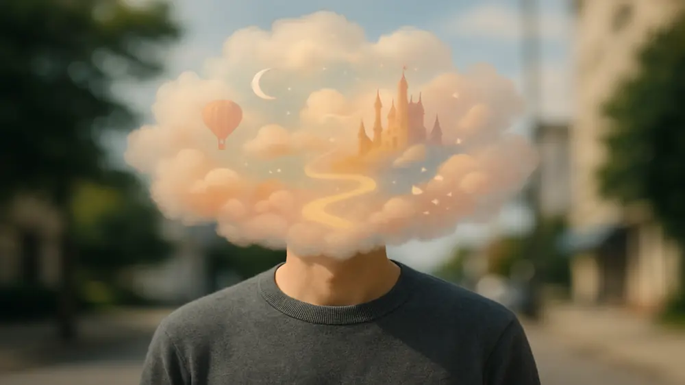 Pessoa com uma nuvem no lugar da cabeça, simbolizando a imersão mental do devaneio excessivo.
