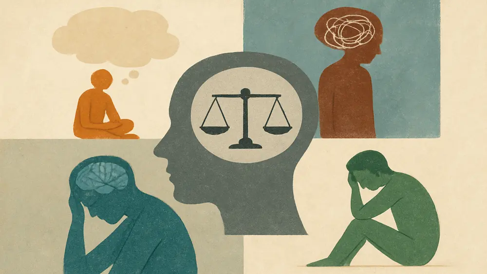 Ilustração sobre as diferenças entre devaneio excessivo, TDAH e esquizofrenia, com uma balança simbolizando o diagnóstico diferencial.