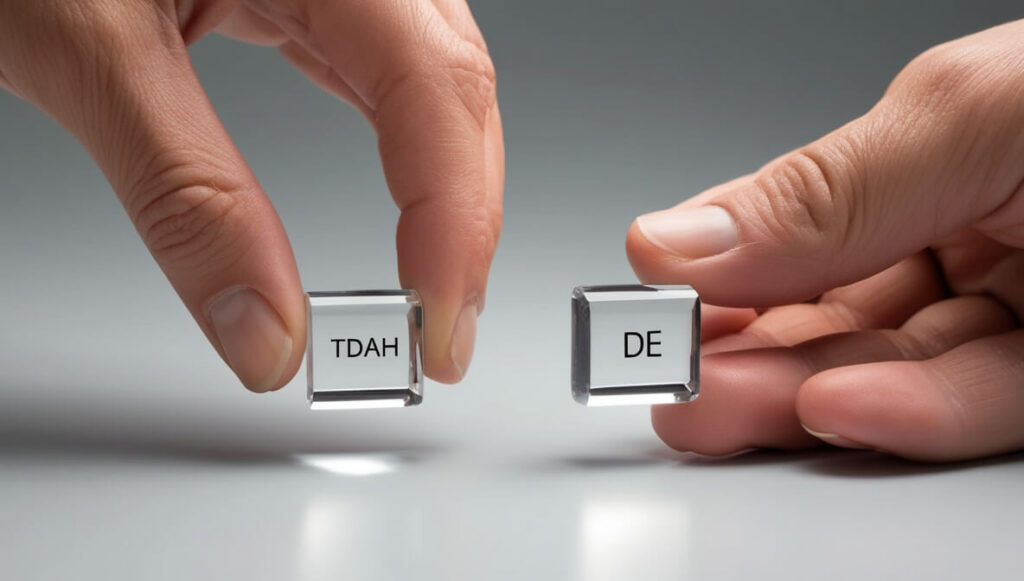Mãos segurando dois cubos de cristal transparentes, um com a sigla "TDAH" e o outro com "DE", simbolizando a análise e comparação entre Devaneio Excessivo e TDAH.