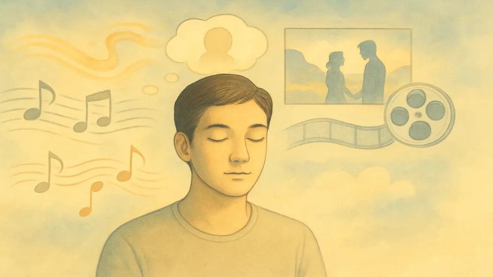 Ilustração de uma pessoa de olhos fechados, com música e filmes ao redor, representando os gatilhos que despertam o devaneio excessivo.