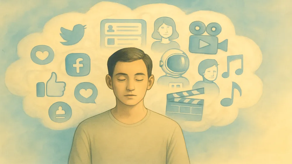 Pessoa meditando com ícones de redes sociais e cultura pop ao redor, simbolizando o impacto no devaneio excessivo.