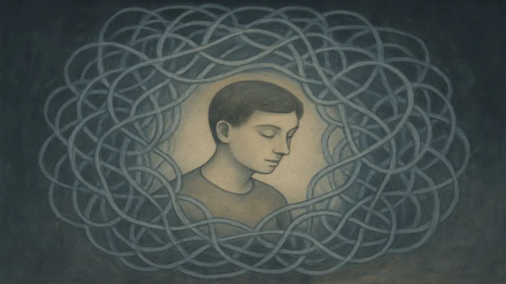 Ilustração do lado sombrio do devaneio excessivo, mostrando uma pessoa presa em pensamentos emaranhados que representam culpa e isolamento.