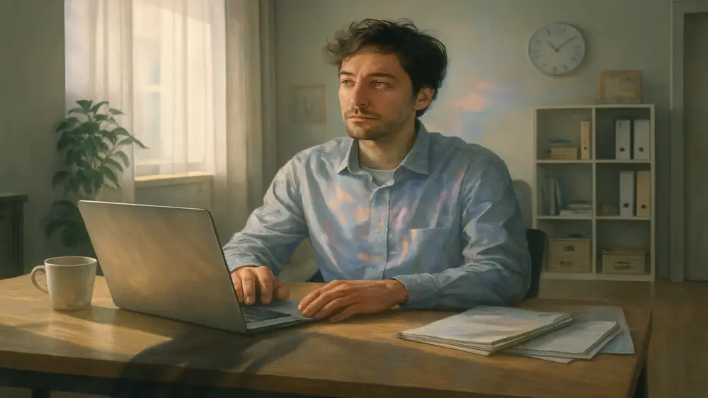 Homem sentado à mesa com olhar perdido, ilustrando como os sinais do devaneio excessivo afetam a vida diária e a concentração.