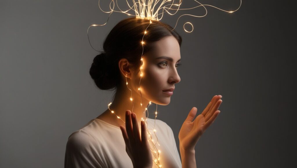 Mulher de perfil organizando fios de luz que emanam de sua cabeça, representando o ato de controlar os pensamentos do devaneio excessivo.