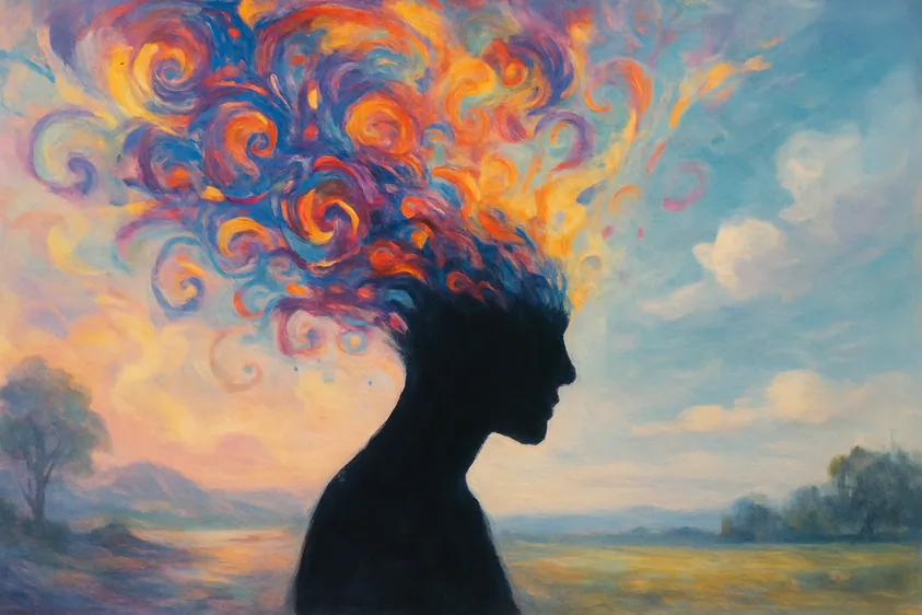 Silhueta de uma pessoa cuja cabeça explode em um universo de cores, representando a intensidade dos mundos imaginários no maladaptive daydreaming.