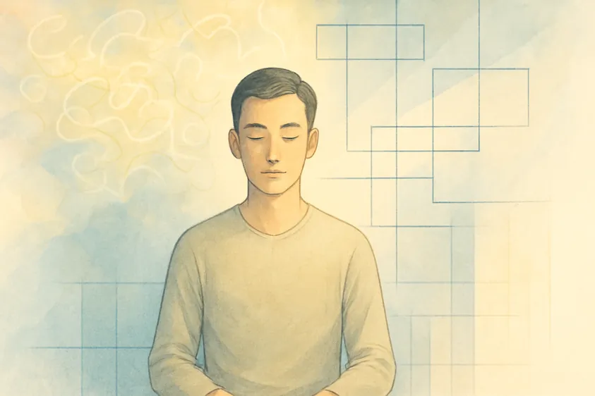 Homem com expressão serena representando o controle mental conquistado com técnicas práticas para controlar o devaneio excessivo.